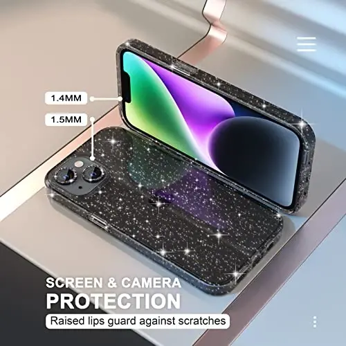 Choiche Compatible for iPhone 14 Case Women Phone Case, Cute Bling Sparkly, Military Grade Drop Protection, 2 Diamond Camera Lens Covers, 2 Tempered Glass Protectors, 6.1 inch (Glitter Black) - 4