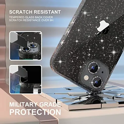 Choiche Compatible for iPhone 14 Case Women Phone Case, Cute Bling Sparkly, Military Grade Drop Protection, 2 Diamond Camera Lens Covers, 2 Tempered Glass Protectors, 6.1 inch (Glitter Black) - 5