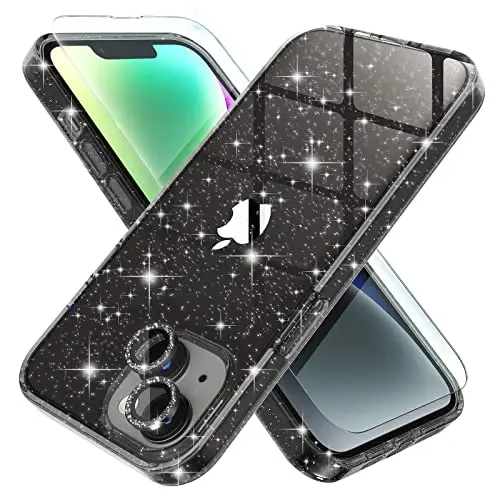 Choiche Compatible for iPhone 14 Case Women Phone Case, Cute Bling Sparkly, Military Grade Drop Protection, 2 Diamond Camera Lens Covers, 2 Tempered Glass Protectors, 6.1 inch (Glitter Black) - CHOICHE