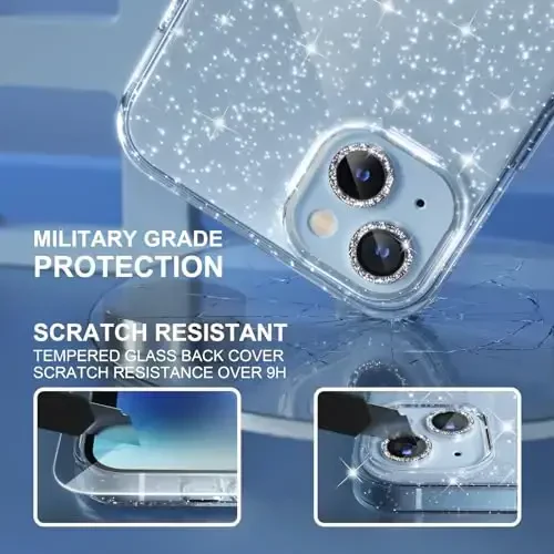 Choiche Compatible for iPhone 14 Case Women Phone Case, Cute Bling Sparkly, Military Grade Drop Protection, 2 Diamond Camera Lens Covers, 2 Tempered Glass Protectors, 6.1 inch (Glitter Clear) - 5