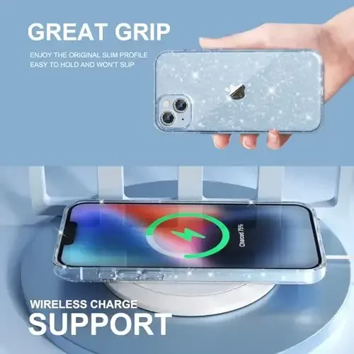 Choiche Compatible for iPhone 14 Case Women Phone Case, Cute Bling Sparkly, Military Grade Drop Protection, 2 Diamond Camera Lens Covers, 2 Tempered Glass Protectors, 6.1 inch (Glitter Clear) - 6