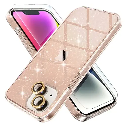 Choiche Compatible for iPhone 14 Case Women Phone Case, Cute Bling Sparkly, Military Grade Drop Protection, 2 Diamond Camera Lens Covers, 2 Tempered Glass Protectors, 6.1 inch (Glitter Gold) 