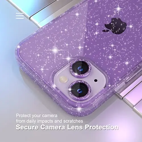 Choiche Compatible for iPhone 14 Case Women Phone Case, Cute Bling Sparkly, Military Grade Drop Protection, 2 Diamond Camera Lens Covers, 2 Tempered Glass Protectors, 6.1 inch (Glitter Purple) - 3