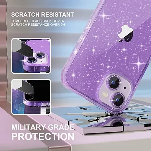 Choiche Compatible for iPhone 14 Case Women Phone Case, Cute Bling Sparkly, Military Grade Drop Protection, 2 Diamond Camera Lens Covers, 2 Tempered Glass Protectors, 6.1 inch (Glitter Purple) - 5