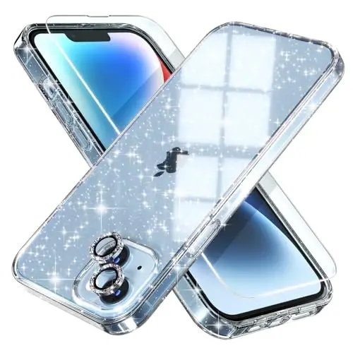 Choiche Compatible for iPhone 14 Plus Case Women Phone Case, Cute Bling Sparkly, Military Grade Drop Protection, 2 Diamond Camera Lens Covers, 2 Tempered Glass Protectors, 6.7 inch (Glitter Clear) - CHOICHE