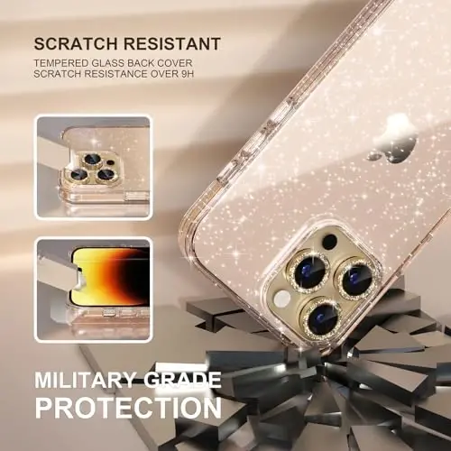 Choiche Compatible for iPhone 14 Pro Max Case Women Phone Case, Cute Bling Sparkly, Military Grade Protection, 3 Diamond Camera Lens Covers, 2 Tempered Glass Protectors, 6.7 inch (Glitter Gold) - 5