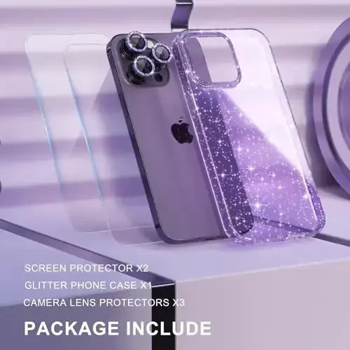 Choiche Compatible for iPhone 14 Pro Max Case Women Phone Case, Cute Bling Sparkly, Military Grade Protection, 3 Diamond Camera Lens Covers, 2 Tempered Glass Protectors, 6.7 inch (Glitter Purple) - 7