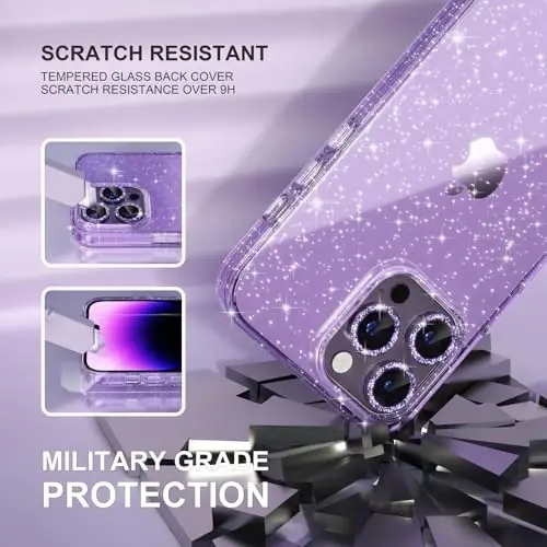 Choiche Compatible for iPhone 14 Pro Max Case Women Phone Case, Cute Bling Sparkly, Military Grade Protection, 3 Diamond Camera Lens Covers, 2 Tempered Glass Protectors, 6.7 inch (Glitter Purple) - 5