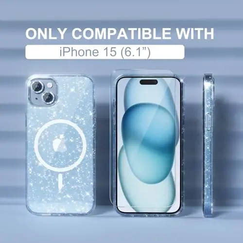 Choiche Compatible for iPhone 15 Case Magnetic, Women Clear Glitter Bling Sparkly Case, [2xDiamond Camera Lens Protectors] [2xTempered Glass Screen Protectors] [Compatible MagSafe] (Glitter Blue) - CHOICHE (1)