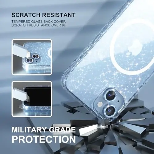 Choiche Compatible for iPhone 15 Case Magnetic, Women Clear Glitter Bling Sparkly Case, [2xDiamond Camera Lens Protectors] [2xTempered Glass Screen Protectors] [Compatible MagSafe] (Glitter Blue) - 5