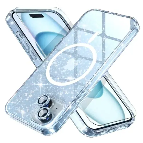 Choiche Compatible for iPhone 15 Case Magnetic, Women Clear Glitter Bling Sparkly Case, [2xDiamond Camera Lens Protectors] [2xTempered Glass Screen Protectors] [Compatible MagSafe] (Glitter Blue) - CHOICHE