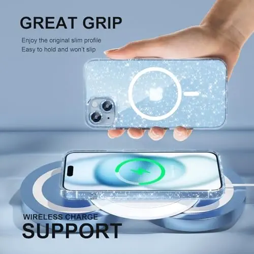 Choiche Compatible for iPhone 15 Case Magnetic, Women Clear Glitter Bling Sparkly Case, [2xDiamond Camera Lens Protectors] [2xTempered Glass Screen Protectors] [Compatible MagSafe] (Glitter Blue) - 6