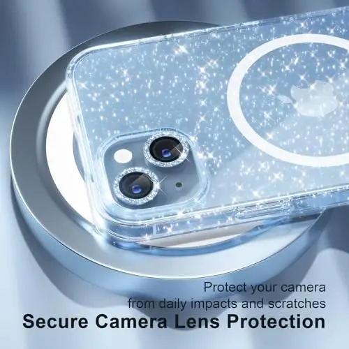 Choiche Compatible for iPhone 15 Case Magnetic, Women Clear Glitter Bling Sparkly Case, [2xDiamond Camera Lens Protectors] [2xTempered Glass Screen Protectors] [Compatible MagSafe] (Glitter Blue) - 3