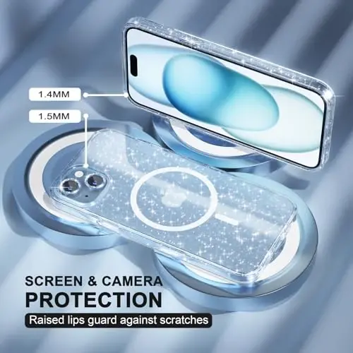 Choiche Compatible for iPhone 15 Case Magnetic, Women Clear Glitter Bling Sparkly Case, [2xDiamond Camera Lens Protectors] [2xTempered Glass Screen Protectors] [Compatible MagSafe] (Glitter Blue) - 4