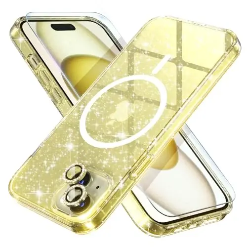 Choiche Compatible for iPhone 15 Case Magnetic, Women Clear Glitter Bling Sparkly Case, [2xDiamond Camera Lens Protectors] [2xTempered Glass Screen Protectors] [Compatible MagSafe] (Glitter Yellow) - CHOICHE