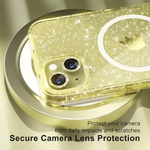 Choiche Compatible for iPhone 15 Case Magnetic, Women Clear Glitter Bling Sparkly Case, [2xDiamond Camera Lens Protectors] [2xTempered Glass Screen Protectors] [Compatible MagSafe] (Glitter Yellow) - 3