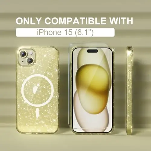 Choiche Compatible for iPhone 15 Case Magnetic, Women Clear Glitter Bling Sparkly Case, [2xDiamond Camera Lens Protectors] [2xTempered Glass Screen Protectors] [Compatible MagSafe] (Glitter Yellow) - 2