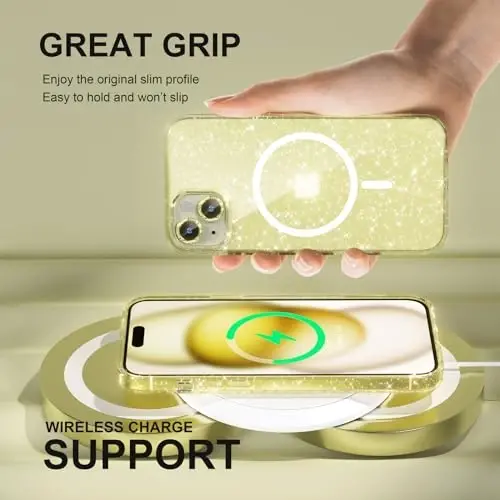 Choiche Compatible for iPhone 15 Case Magnetic, Women Clear Glitter Bling Sparkly Case, [2xDiamond Camera Lens Protectors] [2xTempered Glass Screen Protectors] [Compatible MagSafe] (Glitter Yellow) - 6