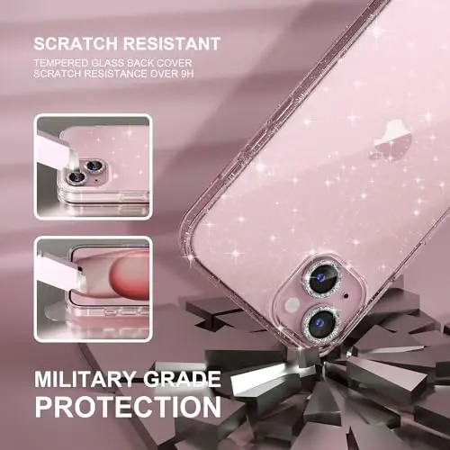 Choiche Compatible for iPhone 15 Case Women Phone Case, Cute Bling Sparkly, Military Grade Drop Protection, 2 Diamond Camera Lens Covers, 2 Tempered Glass Protectors, 6.1 inch (Glitter Clear) - 6