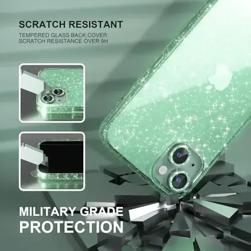 Choiche Compatible for iPhone 15 Case Women Phone Case, Cute Bling Sparkly, Military Grade Drop Protection, 2 Diamond Camera Lens Covers, 2 Tempered Glass Protectors, 6.1 inch (Glitter Green) - 5