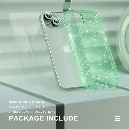 Choiche Compatible for iPhone 15 Case Women Phone Case, Cute Bling Sparkly, Military Grade Drop Protection, 2 Diamond Camera Lens Covers, 2 Tempered Glass Protectors, 6.1 inch (Glitter Green) - 7