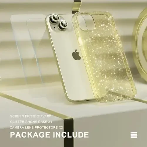 Choiche Compatible for iPhone 15 Case Women Phone Case, Cute Bling Sparkly, Military Grade Drop Protection, 2 Diamond Camera Lens Covers, 2 Tempered Glass Protectors, 6.1 inch (Glitter Yellow) - 7