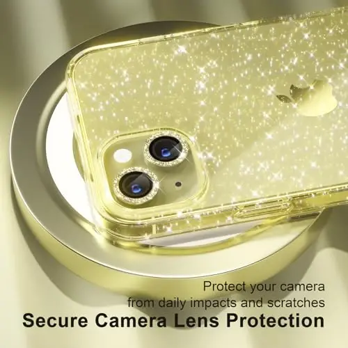 Choiche Compatible for iPhone 15 Case Women Phone Case, Cute Bling Sparkly, Military Grade Drop Protection, 2 Diamond Camera Lens Covers, 2 Tempered Glass Protectors, 6.1 inch (Glitter Yellow) - 3
