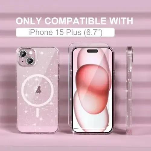 Choiche Compatible for iPhone 15 Plus Case Magnetic, Women Clear Glitter Sparkly Case, [2xDiamond Camera Lens Protectors] [2xTempered Glass Screen Protectors] [Compatible MagSafe] (Glitter Clear) - 2