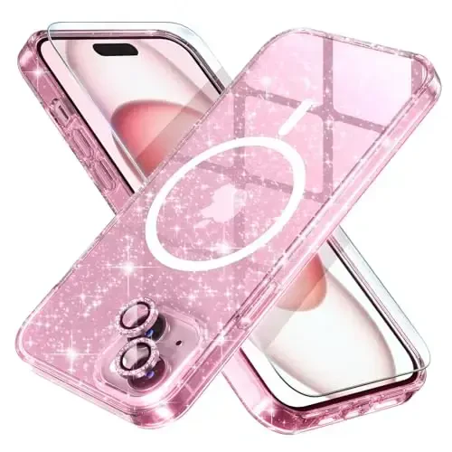 Choiche Compatible for iPhone 15 Plus Case Magnetic, Women Clear Glitter Sparkly Case, [2xDiamond Camera Lens Protectors] [2xTempered Glass Screen Protectors] [Compatible MagSafe] (Glitter Pink) - 1