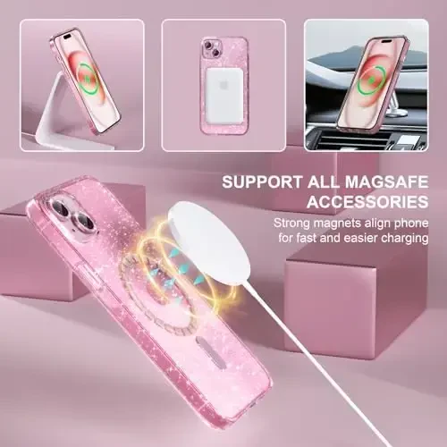 Choiche Compatible for iPhone 15 Plus Case Magnetic, Women Clear Glitter Sparkly Case, [2xDiamond Camera Lens Protectors] [2xTempered Glass Screen Protectors] [Compatible MagSafe] (Glitter Pink) - 7