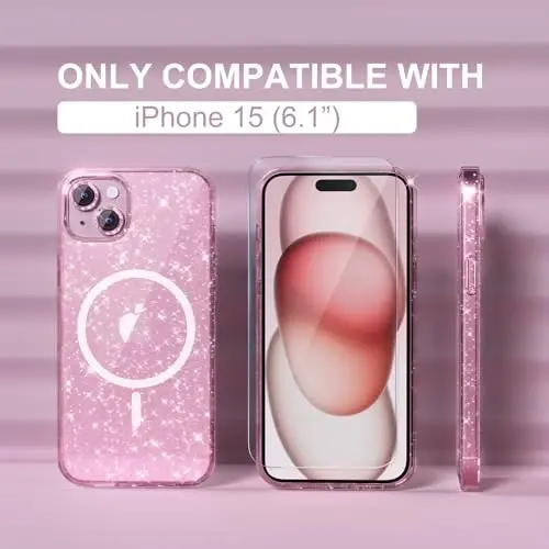 Choiche Compatible for iPhone 15 Plus Case Magnetic, Women Clear Glitter Sparkly Case, [2xDiamond Camera Lens Protectors] [2xTempered Glass Screen Protectors] [Compatible MagSafe] (Glitter Pink) - 1