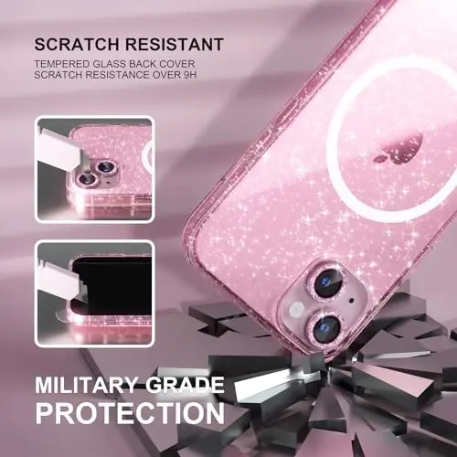 Choiche Compatible for iPhone 15 Plus Case Magnetic, Women Clear Glitter Sparkly Case, [2xDiamond Camera Lens Protectors] [2xTempered Glass Screen Protectors] [Compatible MagSafe] (Glitter Pink) - 5