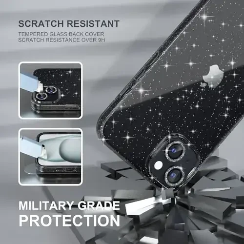 Choiche Compatible for iPhone 15 Plus Case Women Phone Case, Cute Bling Sparkly, Military Grade Drop Protection, 2 Diamond Camera Lens Covers, 2 Tempered Glass Protectors, 6.7 inch (Glitter Black) - 5