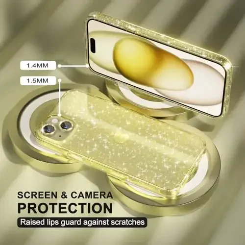 Choiche Compatible for iPhone 15 Plus Case Women Phone Case, Cute Bling Sparkly, Military Grade Drop Protection, 2 Diamond Camera Lens Covers, 2 Tempered Glass Protectors, 6.7 inch (Glitter Yellow) - 4