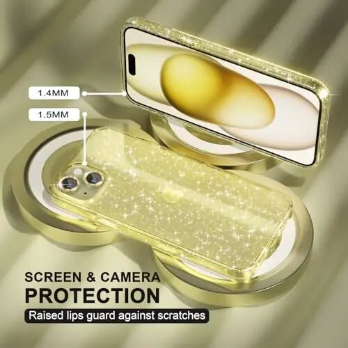 Choiche Compatible for iPhone 15 Plus Case Women Phone Case, Cute Bling Sparkly, Military Grade Drop Protection, 2 Diamond Camera Lens Covers, 2 Tempered Glass Protectors, 6.7 inch (Glitter Yellow) - 4