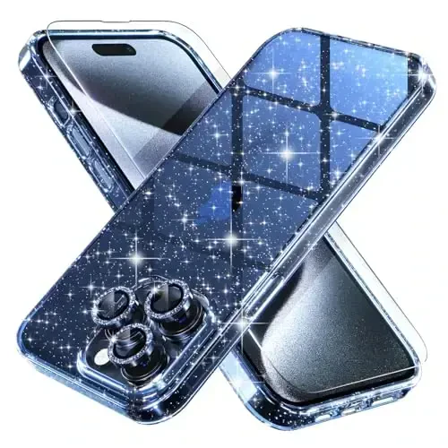 Choiche Compatible for iPhone 15 Pro Case Women Phone Case, Cute Bling Sparkly, Military Grade Drop Protection, 3 Diamond Camera Lens Covers, 2 Tempered Glass Protectors, 6.1 inch (Glitter Blue) 