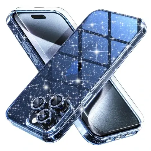 Choiche Compatible for iPhone 15 Pro Case Women Phone Case, Cute Bling Sparkly, Military Grade Drop Protection, 3 Diamond Camera Lens Covers, 2 Tempered Glass Protectors, 6.1 inch (Glitter Blue) - CHOICHE