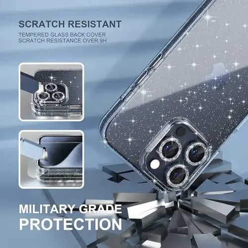 Choiche Compatible for iPhone 15 Pro Case Women Phone Case, Cute Bling Sparkly, Military Grade Drop Protection, 3 Diamond Camera Lens Covers, 2 Tempered Glass Protectors, 6.1 inch (Glitter Clear) - 5