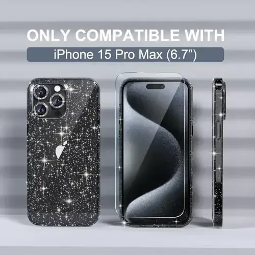 Choiche Compatible for iPhone 15 Pro Max Case Women Phone Case, Cute Bling Sparkly, Military Grade Protection, 3 Diamond Camera Lens Covers, 2 Tempered Glass Protectors, 6.7 inch (Glitter Black) - 2