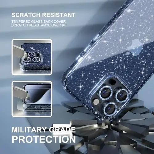 Choiche Compatible for iPhone 15 Pro Max Case Women Phone Case, Cute Bling Sparkly, Military Grade Protection, 3 Diamond Camera Lens Covers, 2 Tempered Glass Protectors, 6.7 inch (Glitter Blue) - 5