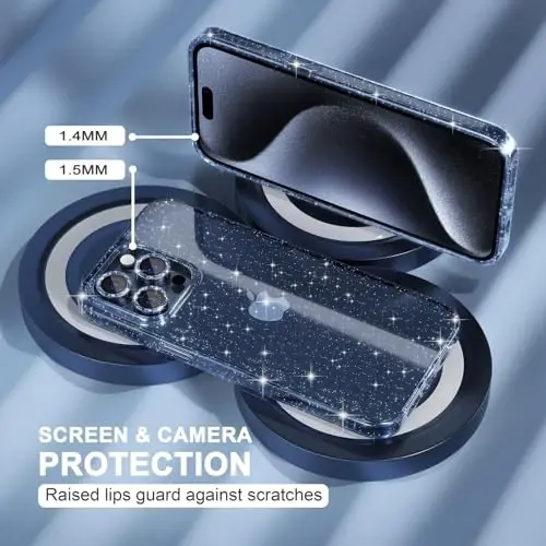 Choiche Compatible for iPhone 15 Pro Max Case Women Phone Case, Cute Bling Sparkly, Military Grade Protection, 3 Diamond Camera Lens Covers, 2 Tempered Glass Protectors, 6.7 inch (Glitter Blue) - 4