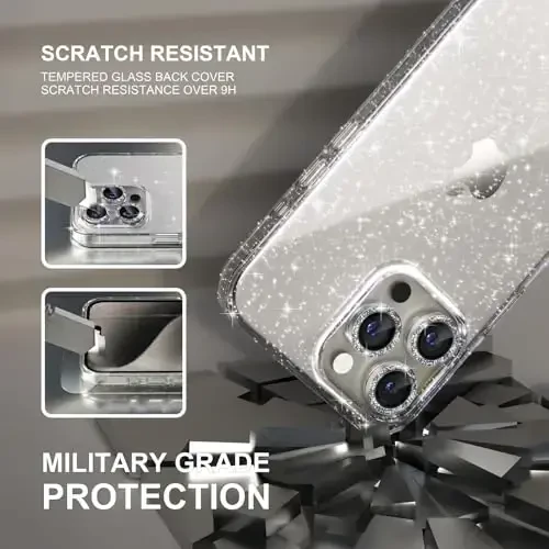 Choiche Compatible for iPhone 15 Pro Max Case Women Phone Case, Cute Bling Sparkly, Military Grade Protection, 3 Diamond Camera Lens Covers, 2 Tempered Glass Protectors, 6.7 inch (Glitter Clear) - 5