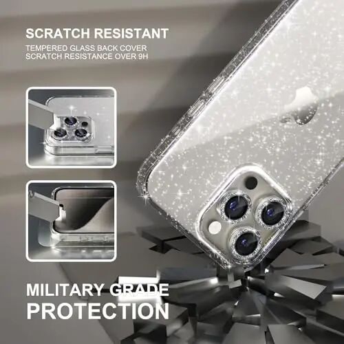 Choiche Compatible for iPhone 15 Pro Max Case Women Phone Case, Cute Bling Sparkly, Military Grade Protection, 3 Diamond Camera Lens Covers, 2 Tempered Glass Protectors, 6.7 inch (Glitter Clear) - 5
