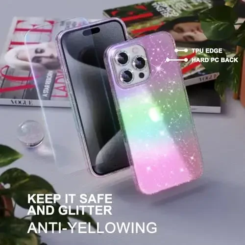 Choiche Compatible for iPhone 15 Pro Max Case Women Phone Case, Cute Bling Sparkly, Military Grade Protection, 3 Diamond Camera Lens Covers, 2 Tempered Glass Protectors, 6.7 inch (Glitter Colorful) - 7