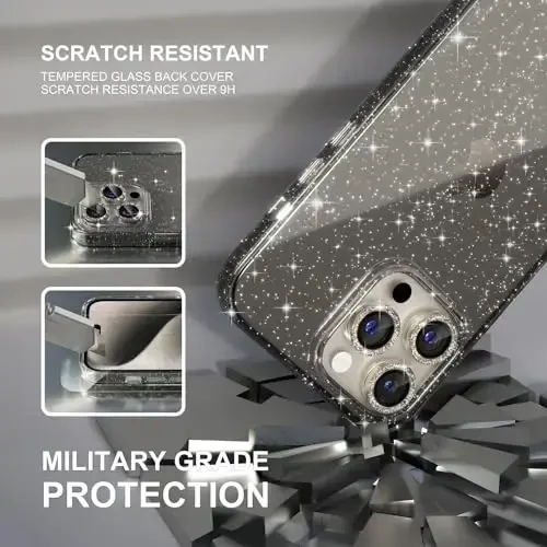 Choiche Compatible for iPhone 15 Pro Max Case Women Phone Case, Cute Bling Sparkly, Military Grade Protection, 3 Diamond Camera Lens Covers, 2 Tempered Glass Protectors, 6.7 inch (Glitter Gray) - 5