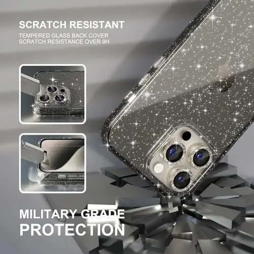 Choiche Compatible for iPhone 15 Pro Max Case Women Phone Case, Cute Bling Sparkly, Military Grade Protection, 3 Diamond Camera Lens Covers, 2 Tempered Glass Protectors, 6.7 inch (Glitter Gray) - 5