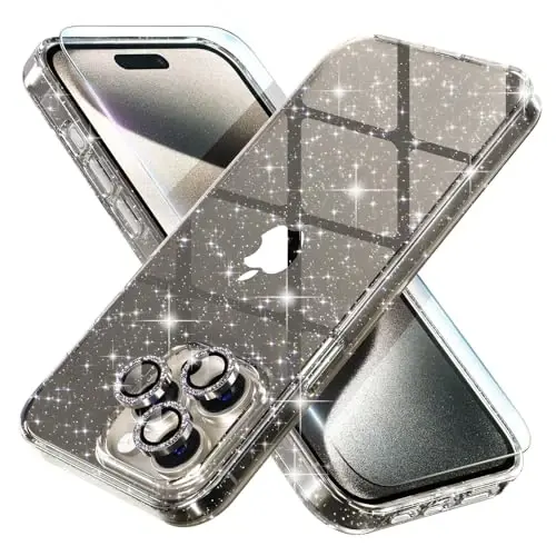 Choiche Compatible for iPhone 15 Pro Max Case Women Phone Case, Cute Bling Sparkly, Military Grade Protection, 3 Diamond Camera Lens Covers, 2 Tempered Glass Protectors, 6.7 inch (Glitter Gray) - CHOICHE