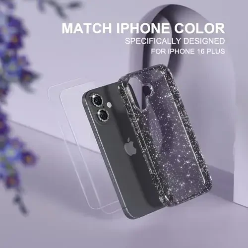 Choiche Compatible for iPhone 16 Plus Case Women Phone Case, Cute Bling Sparkly, Military Grade Drop Protection, 2 Diamond Camera Lens Covers, 2 Tempered Glass Protectors, 6.7 inch (Glitter Black) - 7