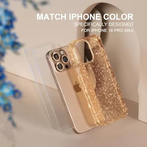Choiche Compatible for iPhone 16 Pro Max Case Women Phone Case, Cute Bling Sparkly, Military Grade Protection, 3 Diamond Camera Lens Covers, 2 Tempered Glass Protectors, 6.9 inch (Glitter Gold) - 2