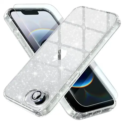Choiche Compatible for iPhone 16e Case Women Phone Case, Cute Bling Sparkly, Military Grade Drop Protection, 1 Diamond Camera Lens Covers, 2 Tempered Glass Protectors, 6.1 inch, (Glitter Clear) - 1